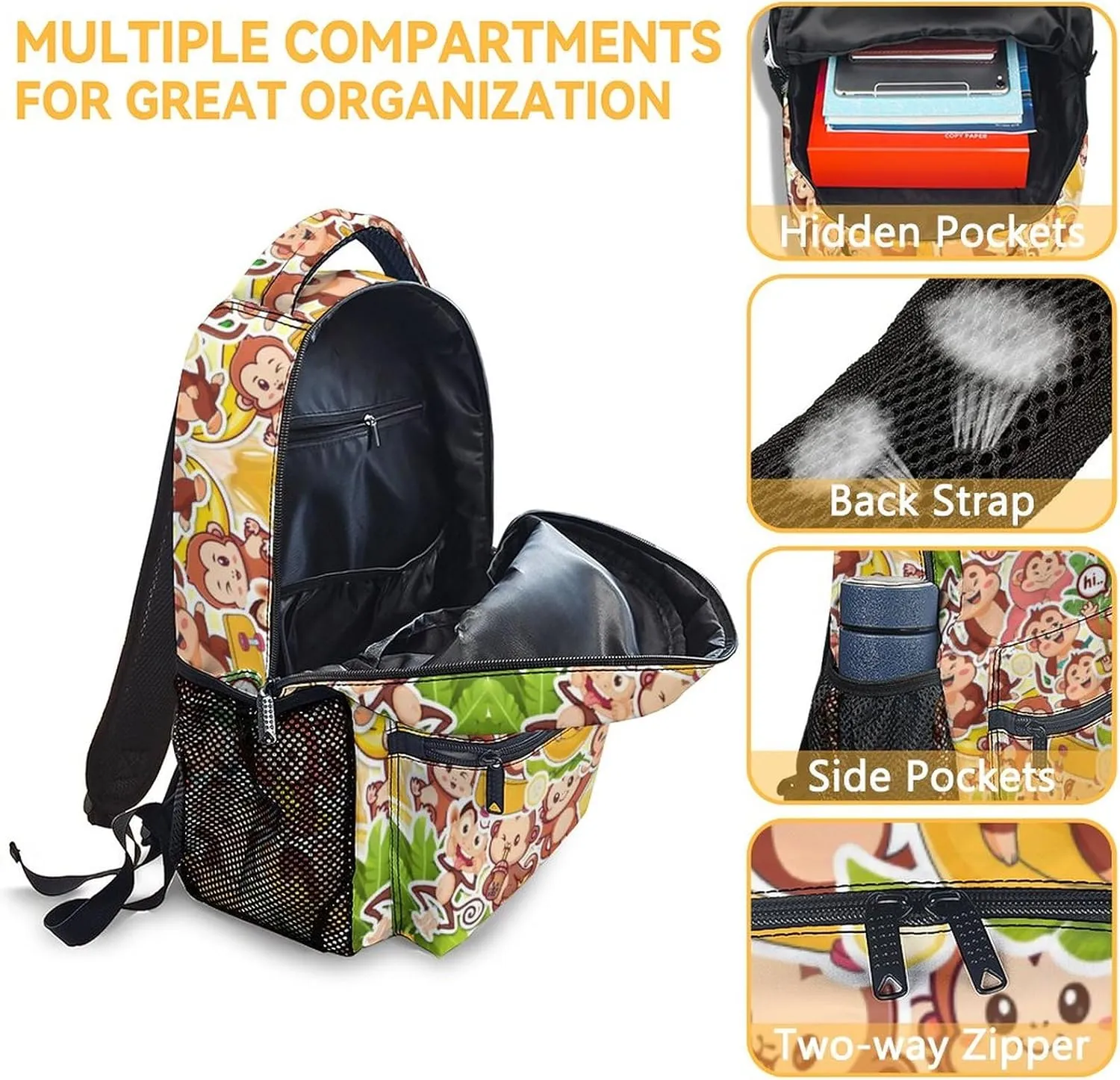 Custom Monkey Backpack with Lunch Box, Set of 3 School Backpacks Matching Combo, Cute Bookbag and Pencil Case Bundle