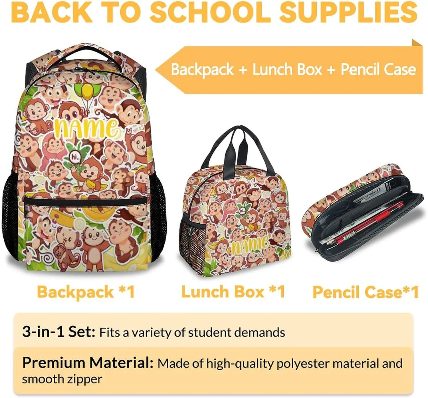 Custom Monkey Backpack with Lunch Box, Set of 3 School Backpacks Matching Combo, Cute Bookbag and Pencil Case Bundle