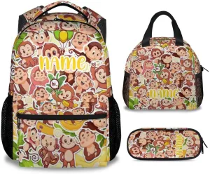 Custom Monkey Backpack with Lunch Box, Set of 3 School Backpacks Matching Combo, Cute Bookbag and Pencil Case Bundle