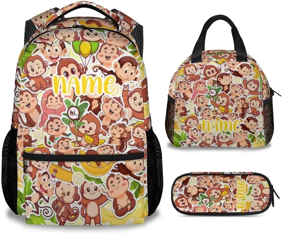 Custom Monkey Backpack with Lunch Box, Set of 3 School Backpacks Matching Combo, Cute Bookbag and Pencil Case Bundle