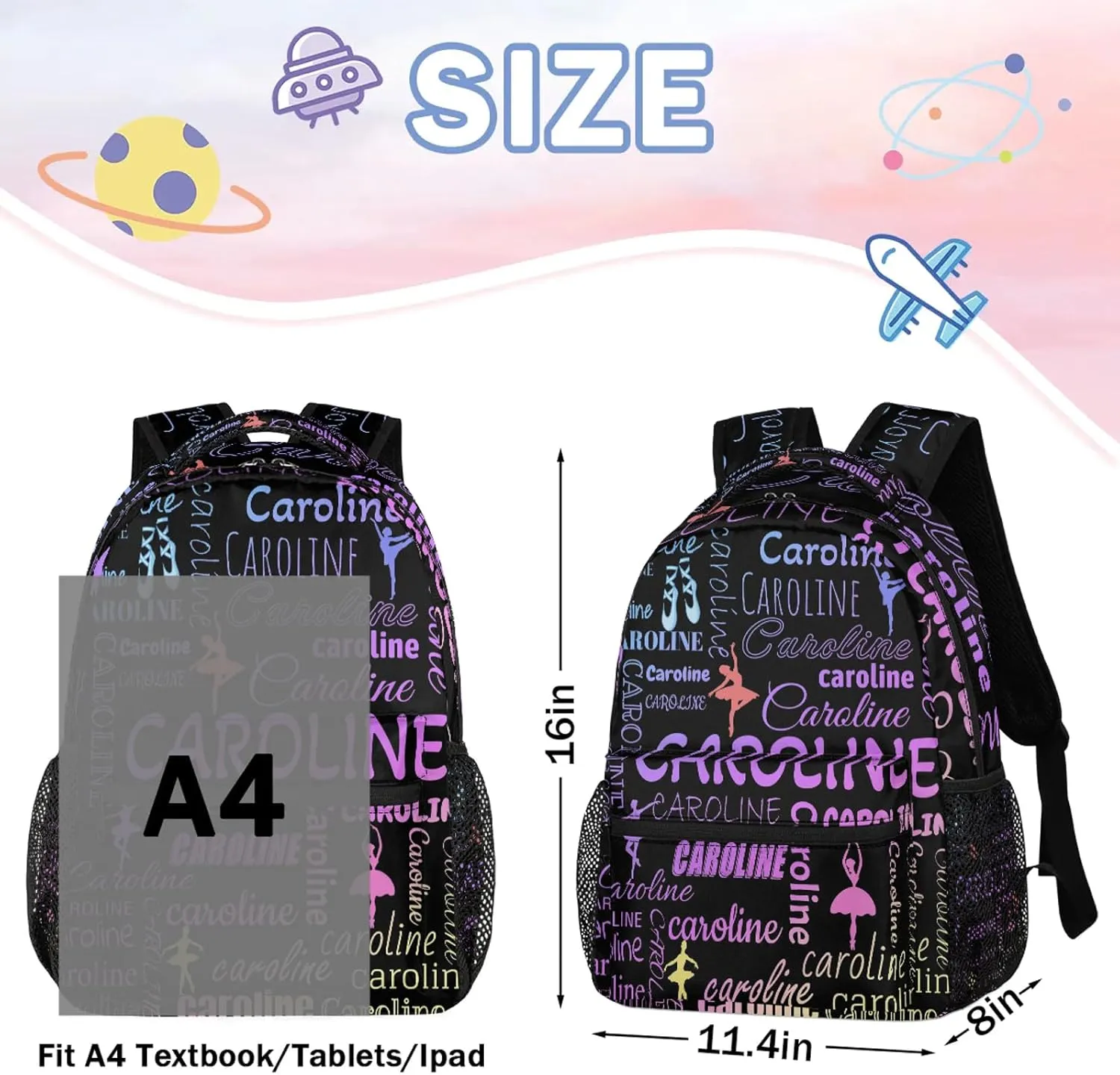 Custom Name Backpack Ballet Lightweight Personalized Shoulder Bag Backpacks Waterproof Casual Daypack Travel Laptop Bag for Travel Work Picnic 16in