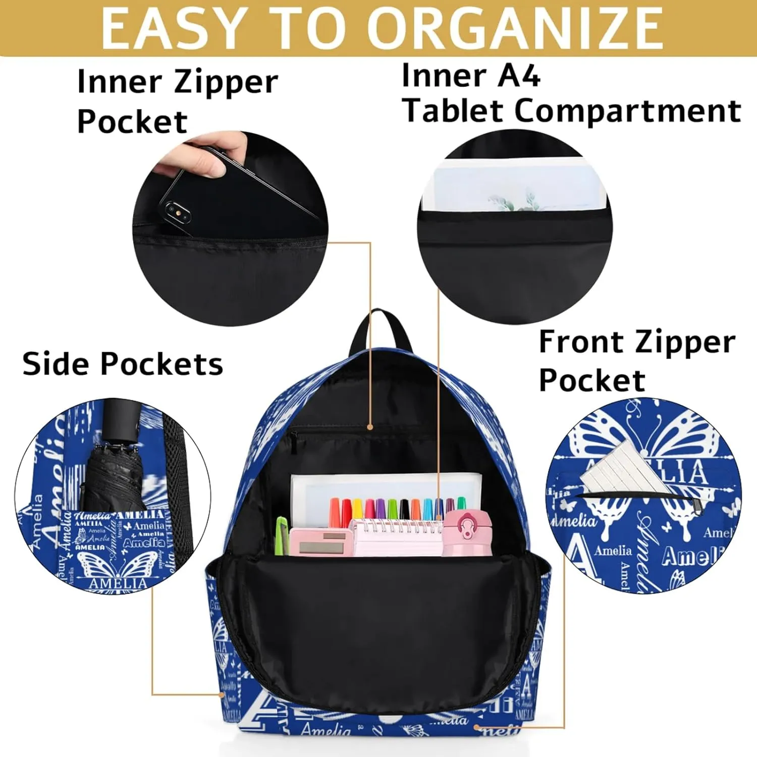Custom Name Backpack for Travel, Personalized Casual Backpacks, Lightweight Custom Butterflies Daypack Bags with Chest Strap, Cobalt Blue