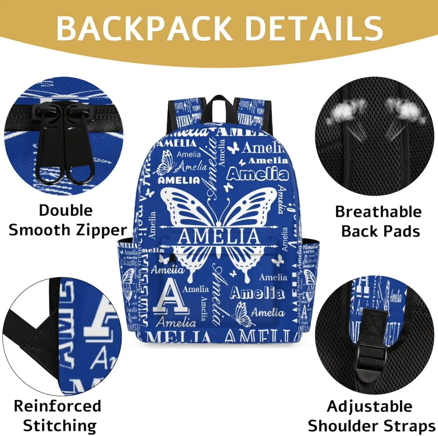 Custom Name Backpack for Travel, Personalized Casual Backpacks, Lightweight Custom Butterflies Daypack Bags with Chest Strap, Cobalt Blue