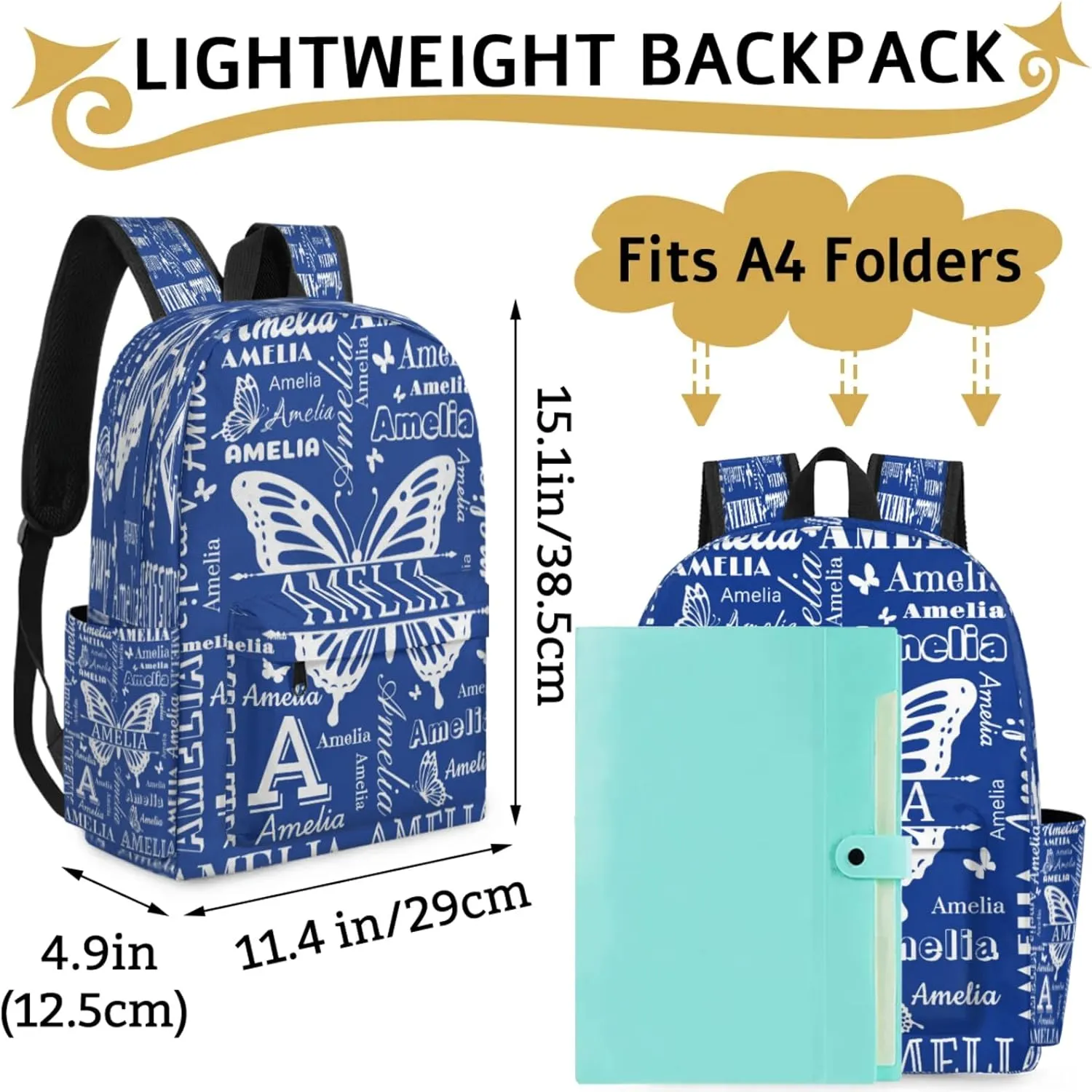 Custom Name Backpack for Travel, Personalized Casual Backpacks, Lightweight Custom Butterflies Daypack Bags with Chest Strap, Cobalt Blue