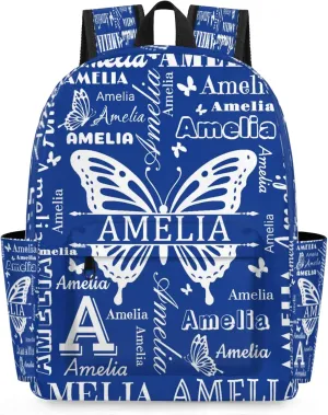 Custom Name Backpack for Travel, Personalized Casual Backpacks, Lightweight Custom Butterflies Daypack Bags with Chest Strap, Cobalt Blue
