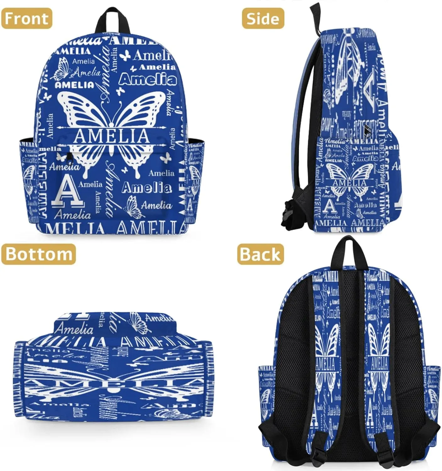 Custom Name Backpack for Travel, Personalized Casual Backpacks, Lightweight Custom Butterflies Daypack Bags with Chest Strap, Cobalt Blue