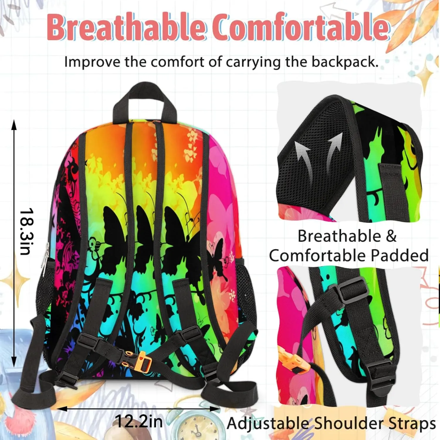Custom Name Backpack with Lunch Box Set, Butterfly Silhouette Personalized Backpacks and Lunch Bag Shoulder Bag Daypack, Customized Gifts with Watercolor Butterfly