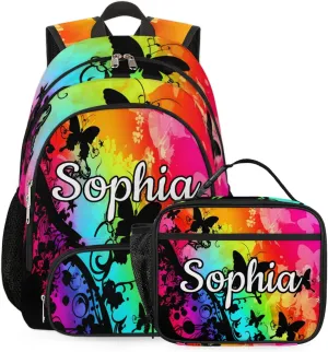 Custom Name Backpack with Lunch Box Set, Butterfly Silhouette Personalized Backpacks and Lunch Bag Shoulder Bag Daypack, Customized Gifts with Watercolor Butterfly