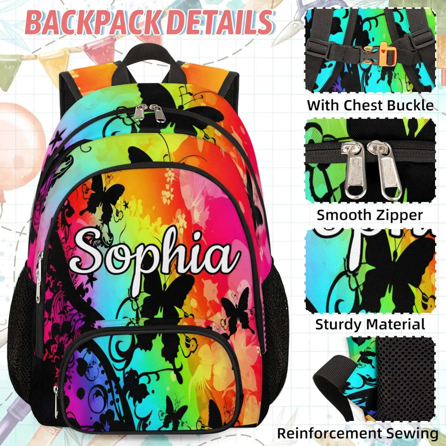 Custom Name Backpack with Lunch Box Set, Butterfly Silhouette Personalized Backpacks and Lunch Bag Shoulder Bag Daypack, Customized Gifts with Watercolor Butterfly