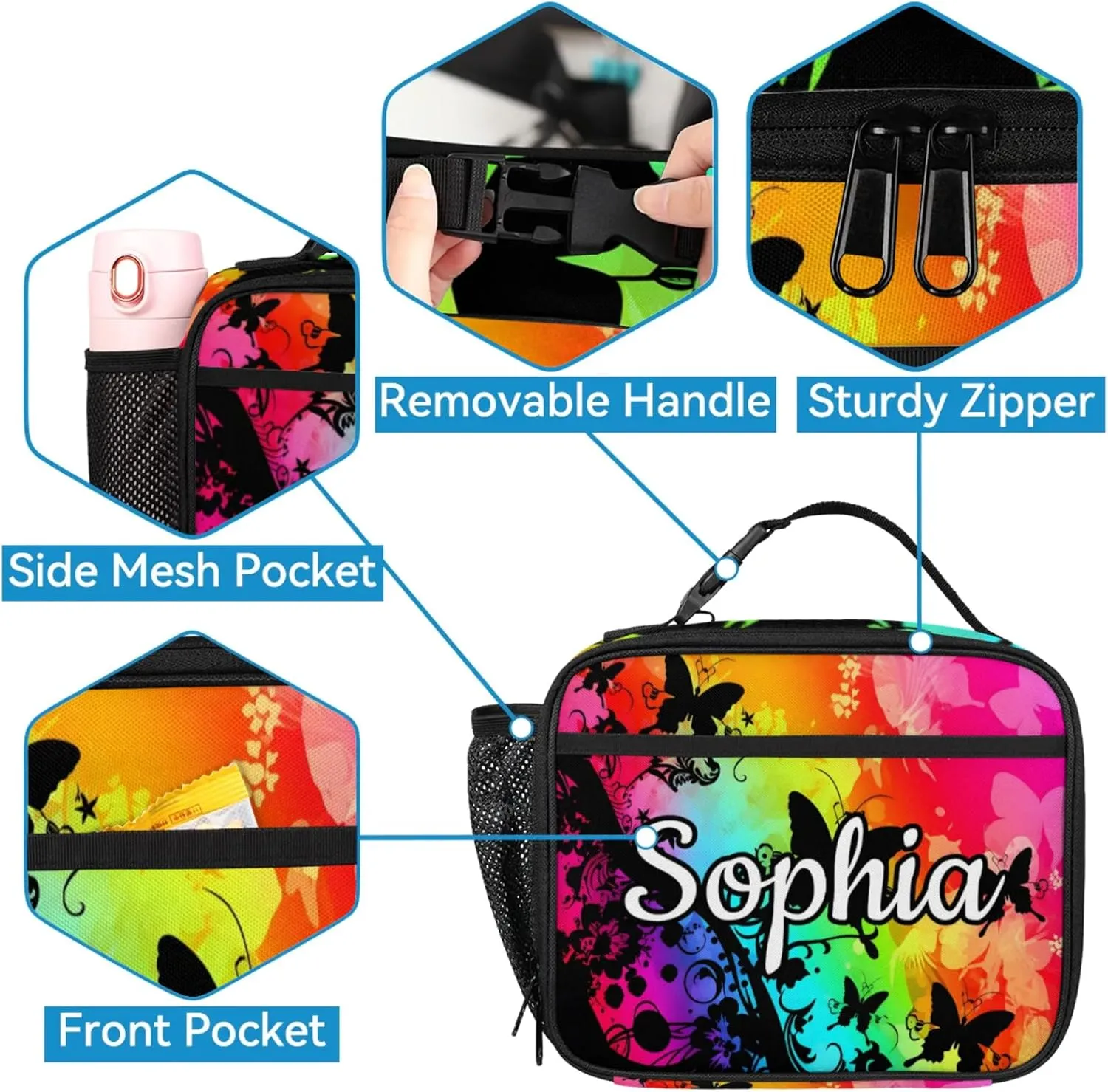 Custom Name Backpack with Lunch Box Set, Butterfly Silhouette Personalized Backpacks and Lunch Bag Shoulder Bag Daypack, Customized Gifts with Watercolor Butterfly
