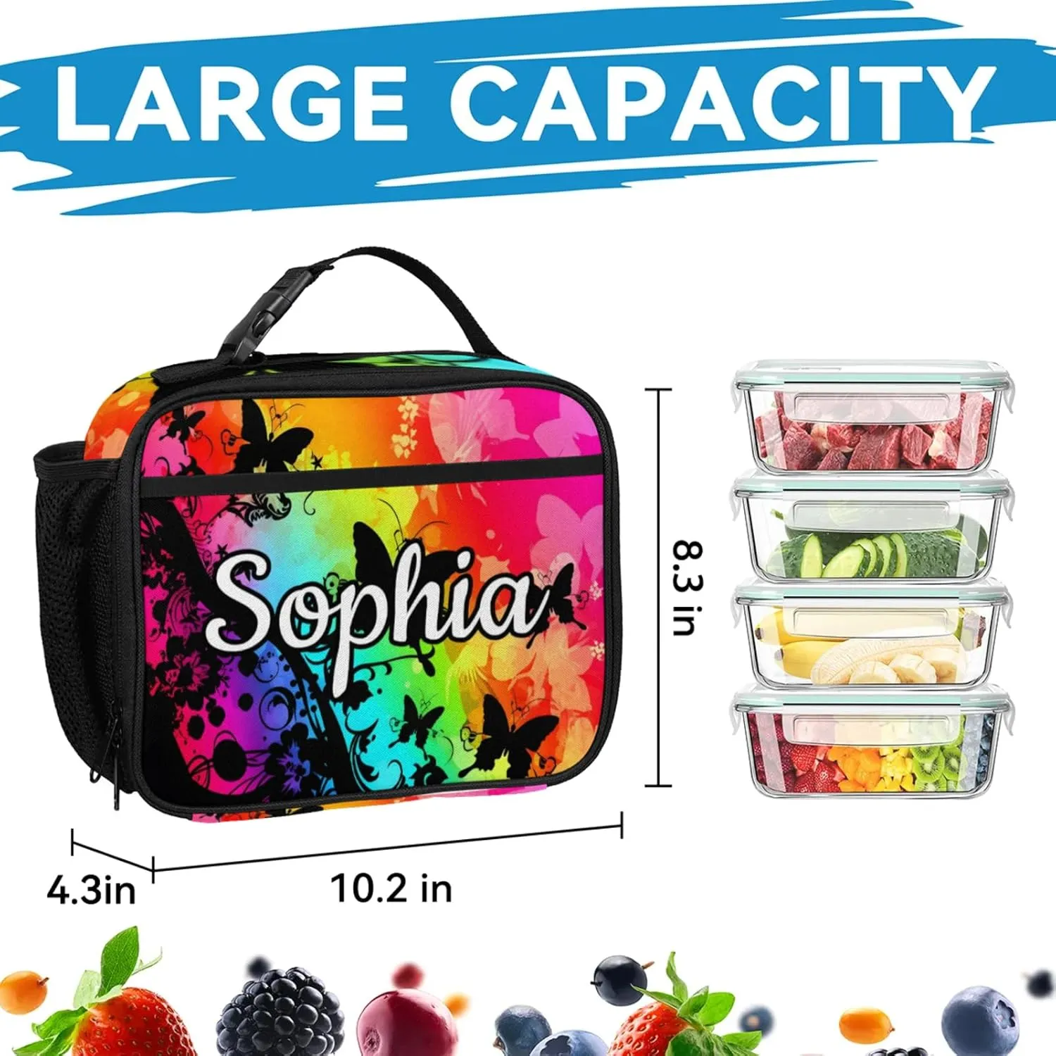 Custom Name Backpack with Lunch Box Set, Butterfly Silhouette Personalized Backpacks and Lunch Bag Shoulder Bag Daypack, Customized Gifts with Watercolor Butterfly