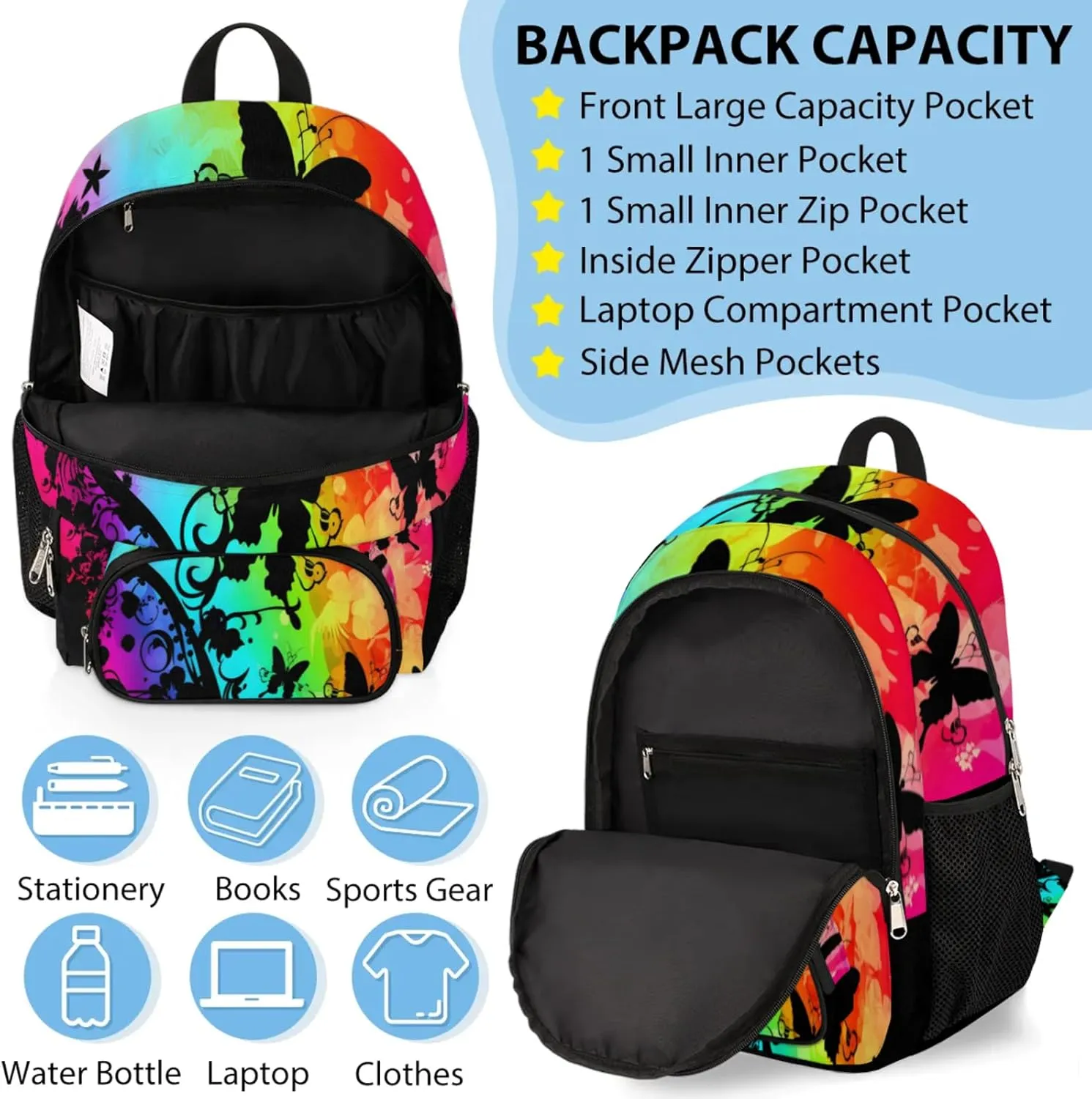 Custom Name Backpack with Lunch Box Set, Butterfly Silhouette Personalized Backpacks and Lunch Bag Shoulder Bag Daypack, Customized Gifts with Watercolor Butterfly