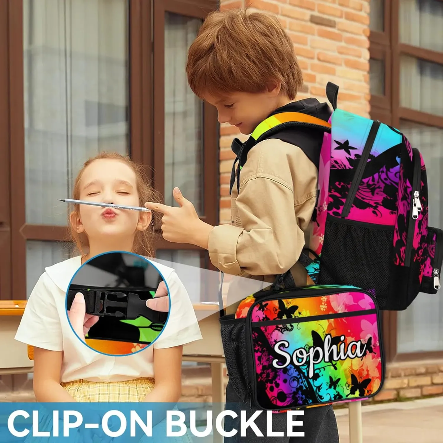 Custom Name Backpack with Lunch Box Set, Butterfly Silhouette Personalized Backpacks and Lunch Bag Shoulder Bag Daypack, Customized Gifts with Watercolor Butterfly