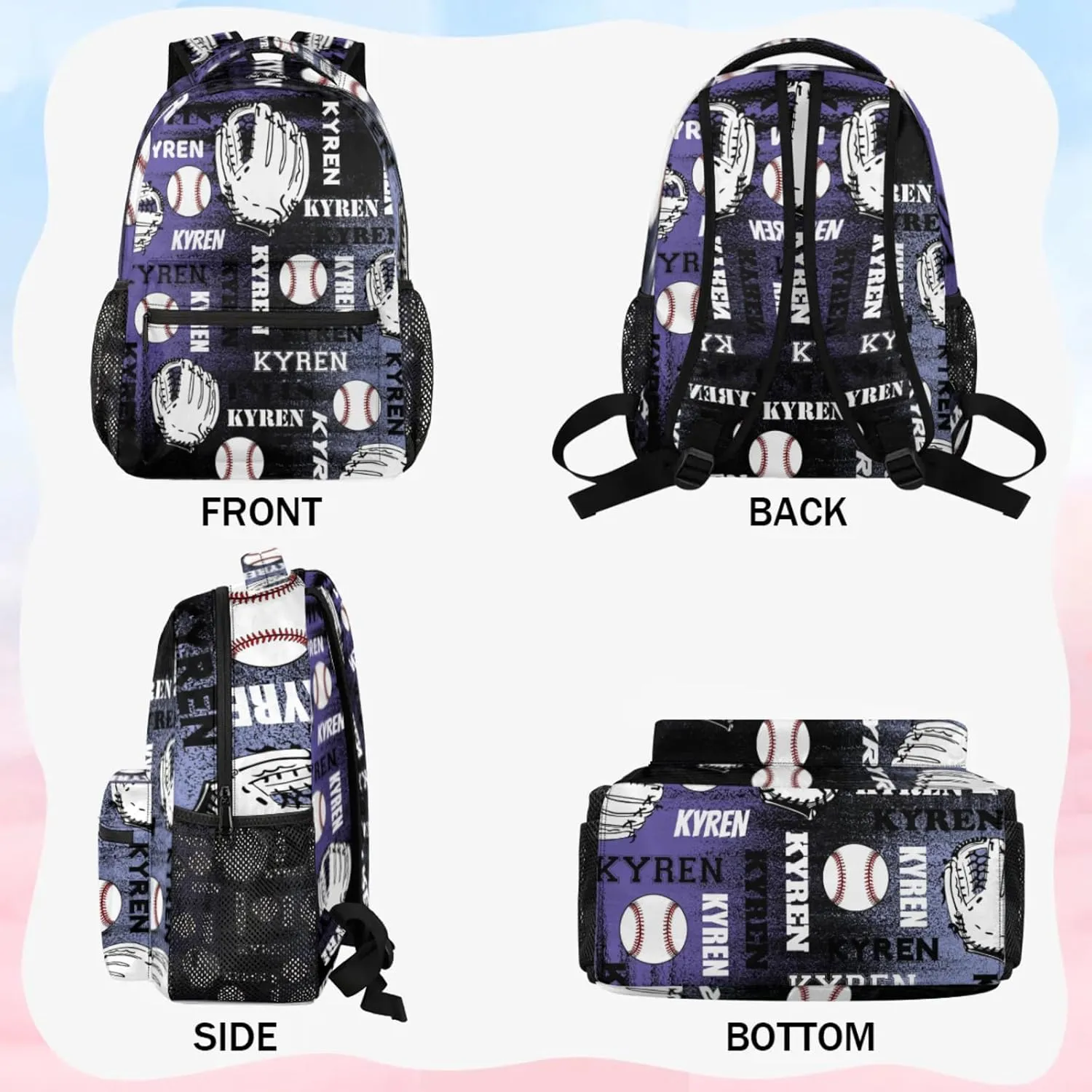 Custom Name Baseball Backpack for Men Women, Personalized Name Laptop Backpack, Sports Bag Lightweight Daypack for Travel Camping, Purple