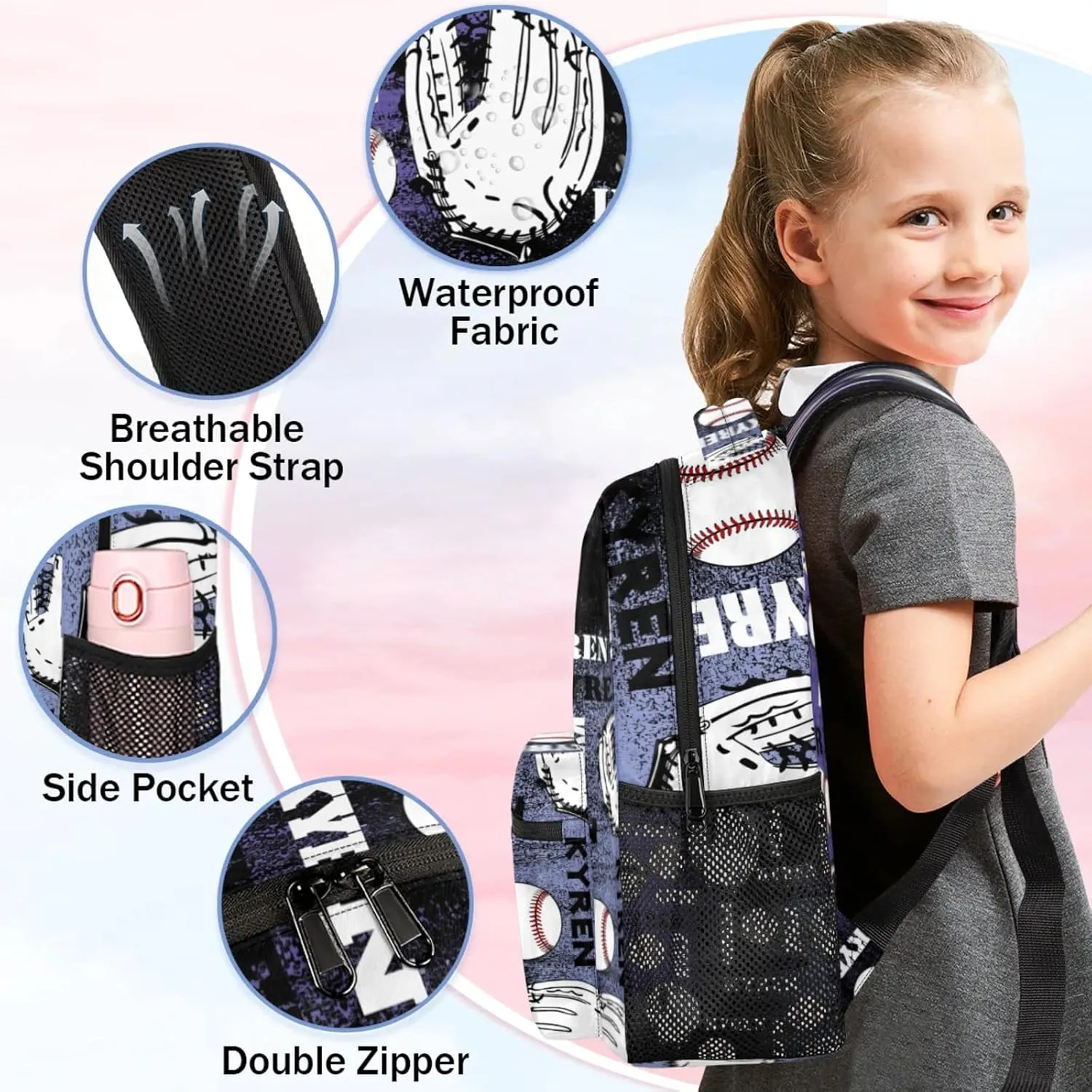 Custom Name Baseball Backpack for Men Women, Personalized Name Laptop Backpack, Sports Bag Lightweight Daypack for Travel Camping, Purple