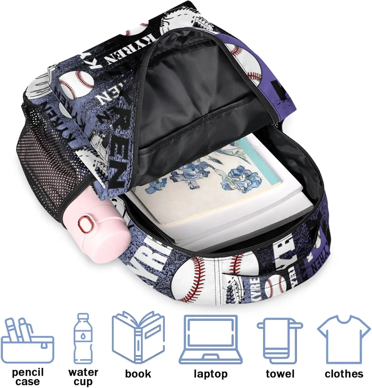Custom Name Baseball Backpack for Men Women, Personalized Name Laptop Backpack, Sports Bag Lightweight Daypack for Travel Camping, Purple