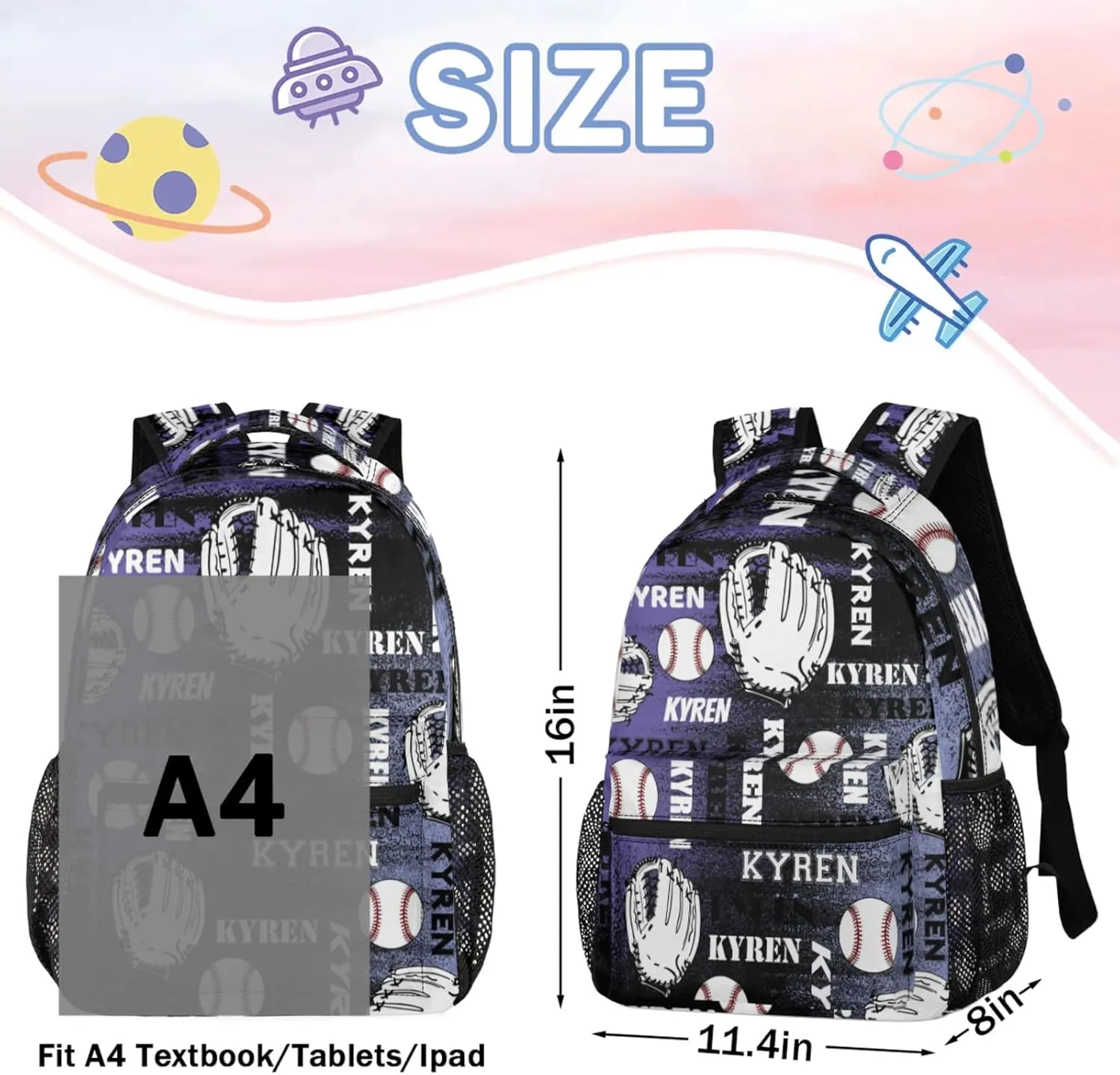 Custom Name Baseball Backpack for Men Women, Personalized Name Laptop Backpack, Sports Bag Lightweight Daypack for Travel Camping, Purple