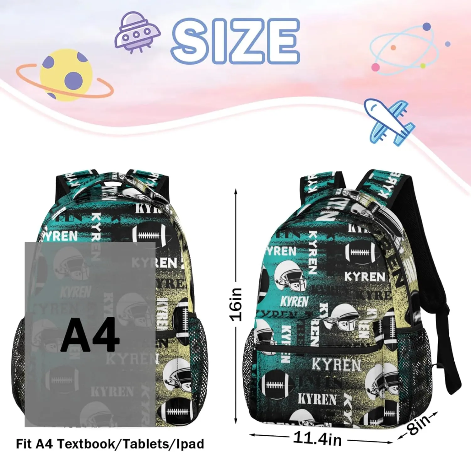 Custom Name Football Backpack for Men Women, Personalized Name Sports Bag Backpack, Laptop Backpacks Daypack for Travel Camping, Yellow Blue