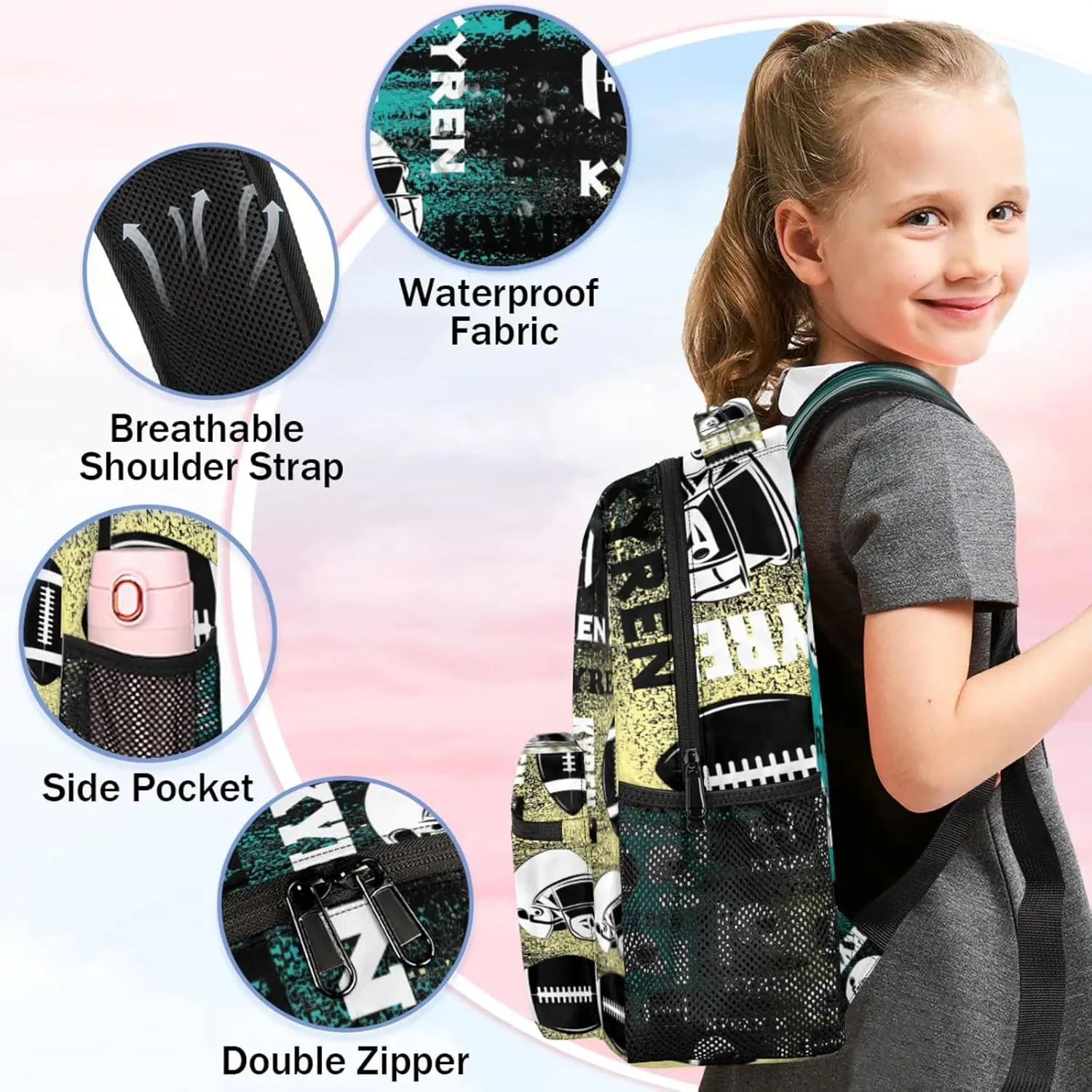 Custom Name Football Backpack for Men Women, Personalized Name Sports Bag Backpack, Laptop Backpacks Daypack for Travel Camping, Yellow Blue