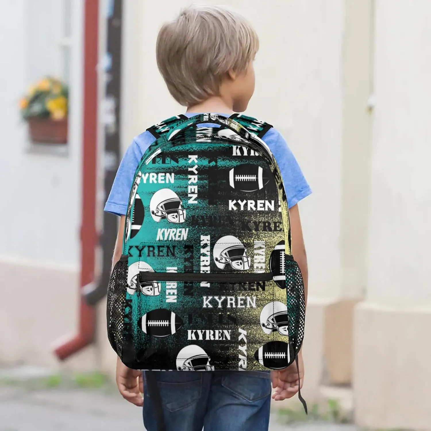 Custom Name Football Backpack for Men Women, Personalized Name Sports Bag Backpack, Laptop Backpacks Daypack for Travel Camping, Yellow Blue