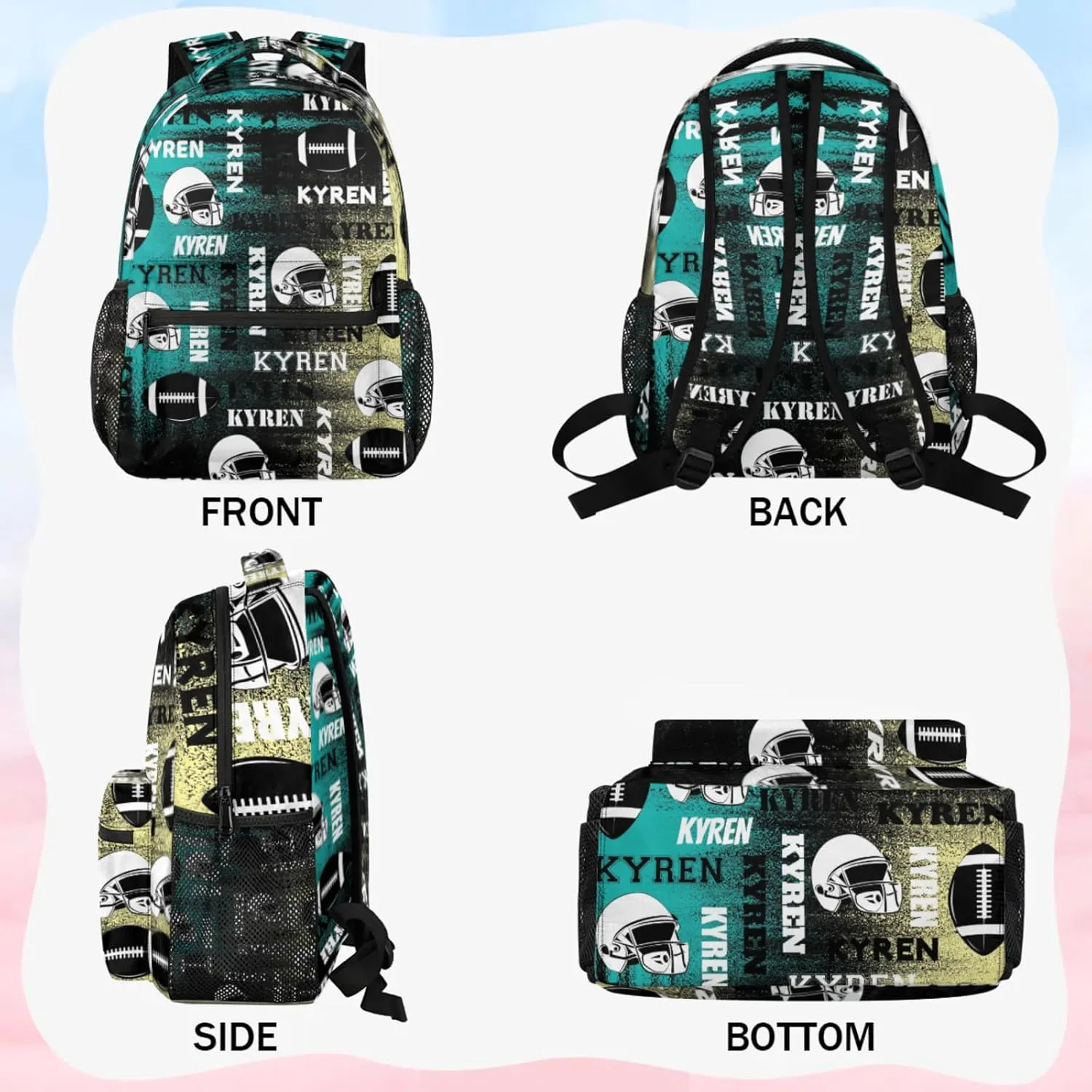 Custom Name Football Backpack for Men Women, Personalized Name Sports Bag Backpack, Laptop Backpacks Daypack for Travel Camping, Yellow Blue