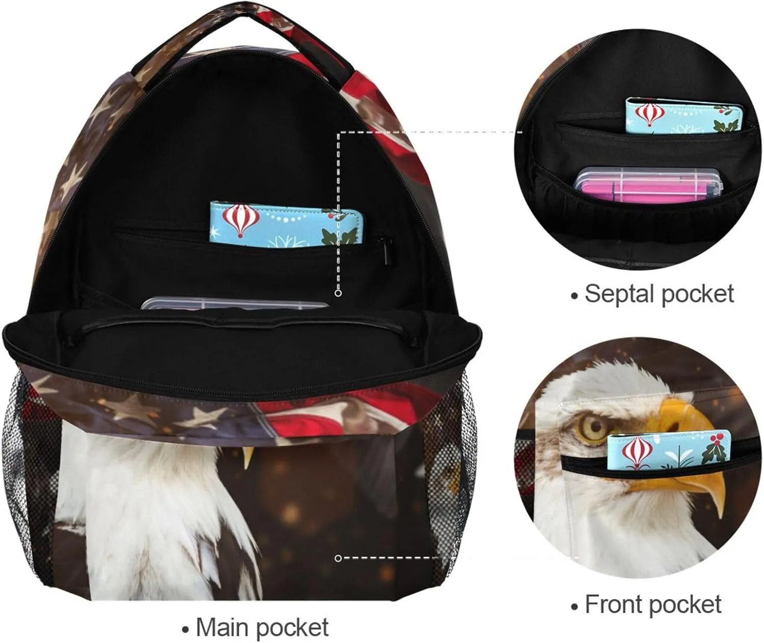Custom North American Bald Eagle Flag Backpack for Boys Girls Personalized Backpack 3rd 4th 5th Grade Your Name School Bag Kids Bookbag Elementary Laptop Daypacks