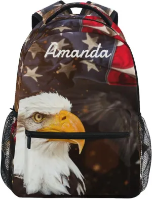 Custom North American Bald Eagle Flag Backpack for Boys Girls Personalized Backpack 3rd 4th 5th Grade Your Name School Bag Kids Bookbag Elementary Laptop Daypacks