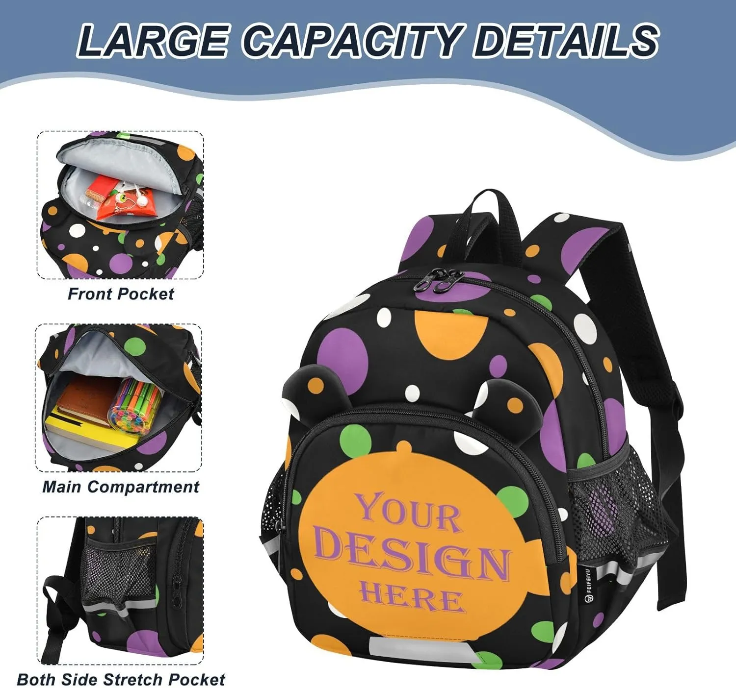 Custom Orange Green Purple Preschool Backpack Colored Polka Dots Daycare Bookbag School Backpack with Traction Rope Fashion Casual Cartoon School Travel Picnic Birthday for Kids 3-6