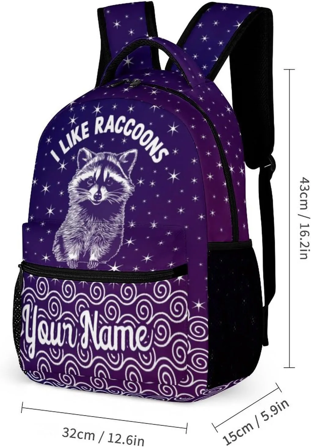 Custom Raccoon Backpack with Lunch Box & Pencil Case, 16 Inch Cute Raccoons Themed Bookbag, Adjustable Lightweight Large Capacity, Colorful Daily Casual Animal Purple Backpacks Set with Lunch Bag