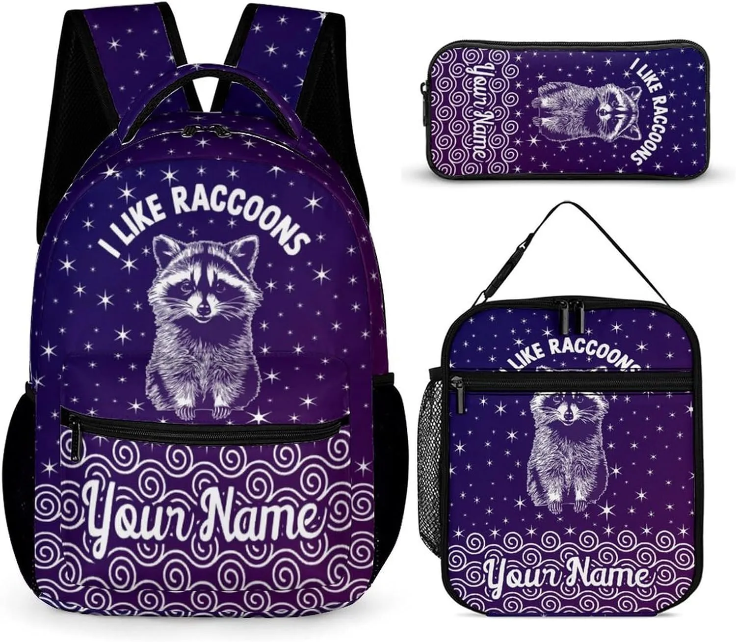 Custom Raccoon Backpack with Lunch Box & Pencil Case, 16 Inch Cute Raccoons Themed Bookbag, Adjustable Lightweight Large Capacity, Colorful Daily Casual Animal Purple Backpacks Set with Lunch Bag