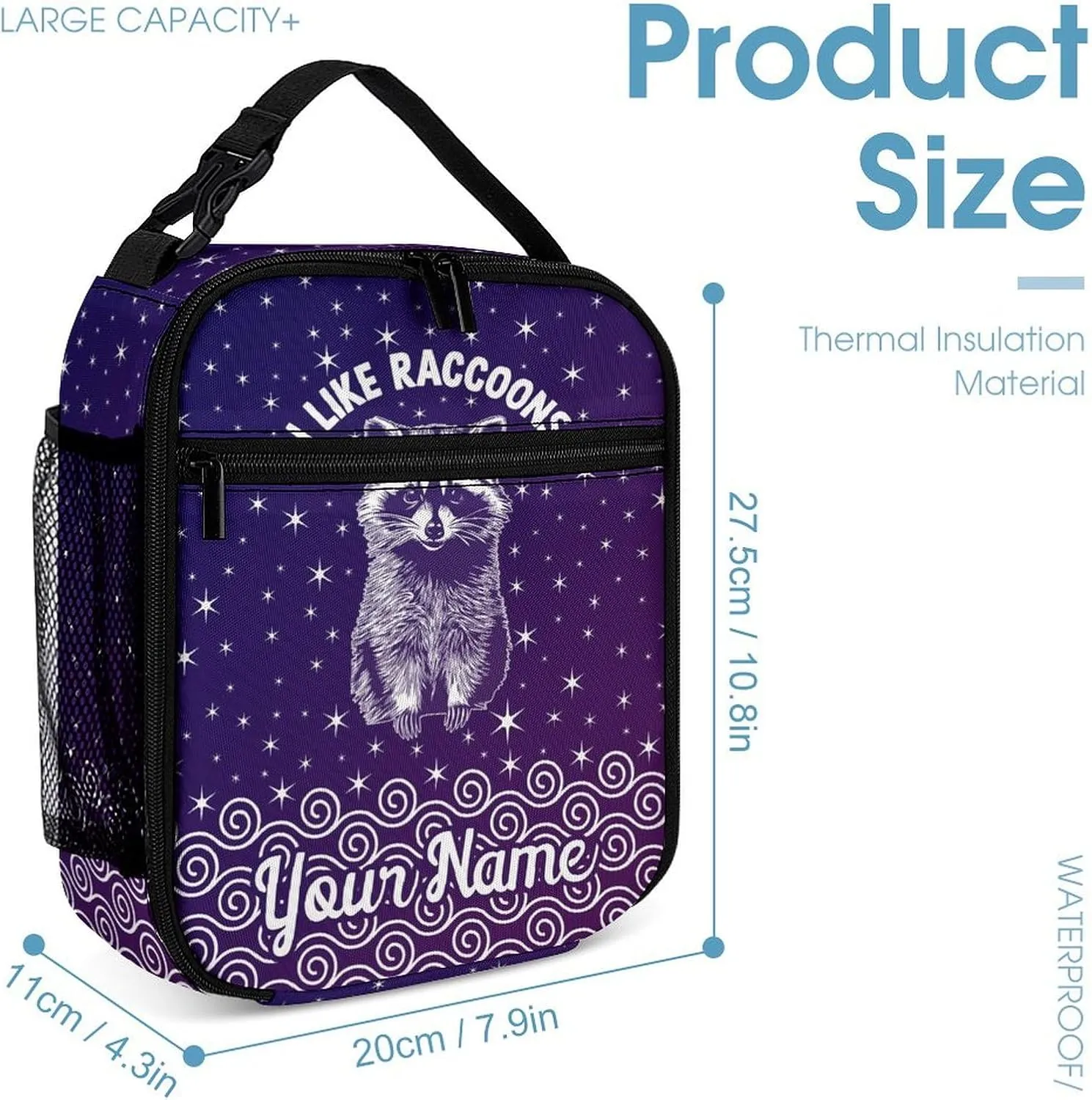 Custom Raccoon Backpack with Lunch Box & Pencil Case, 16 Inch Cute Raccoons Themed Bookbag, Adjustable Lightweight Large Capacity, Colorful Daily Casual Animal Purple Backpacks Set with Lunch Bag