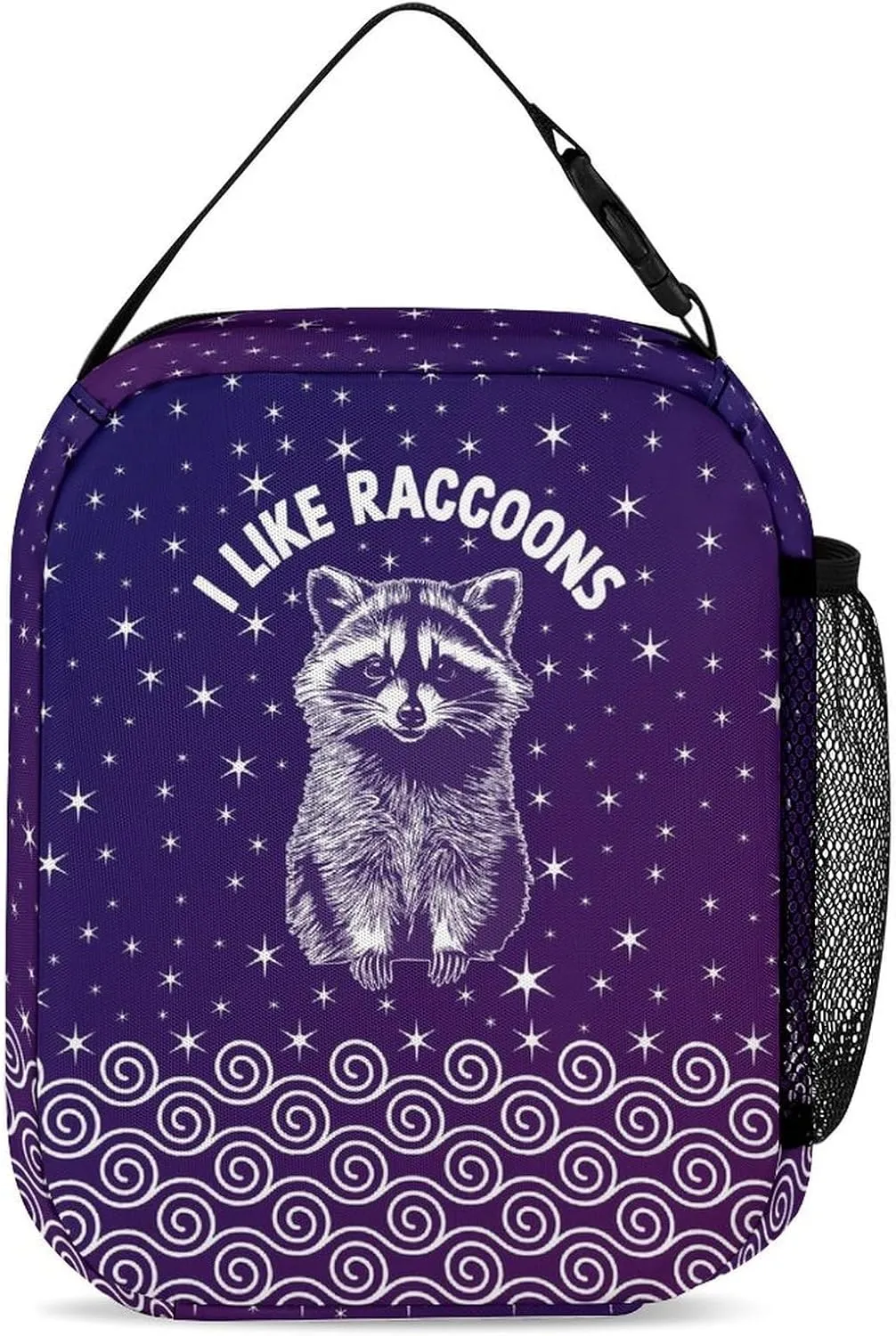 Custom Raccoon Backpack with Lunch Box & Pencil Case, 16 Inch Cute Raccoons Themed Bookbag, Adjustable Lightweight Large Capacity, Colorful Daily Casual Animal Purple Backpacks Set with Lunch Bag