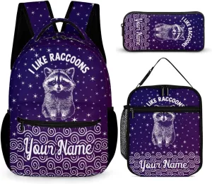 Custom Raccoon Backpack with Lunch Box & Pencil Case, 16 Inch Cute Raccoons Themed Bookbag, Adjustable Lightweight Large Capacity, Colorful Daily Casual Animal Purple Backpacks Set with Lunch Bag