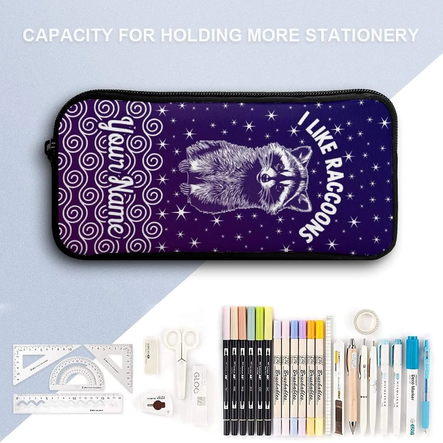 Custom Raccoon Backpack with Lunch Box & Pencil Case, 16 Inch Cute Raccoons Themed Bookbag, Adjustable Lightweight Large Capacity, Colorful Daily Casual Animal Purple Backpacks Set with Lunch Bag