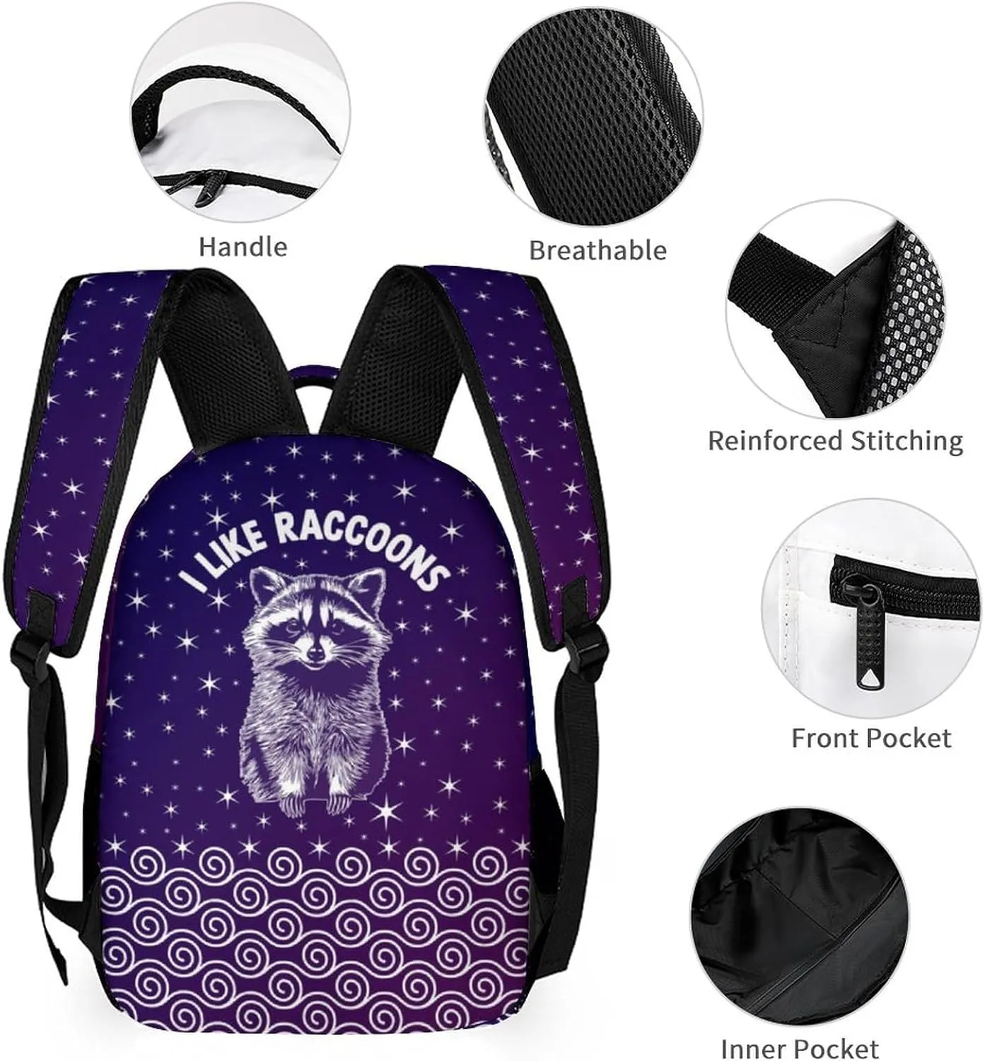Custom Raccoon Backpack with Lunch Box & Pencil Case, 16 Inch Cute Raccoons Themed Bookbag, Adjustable Lightweight Large Capacity, Colorful Daily Casual Animal Purple Backpacks Set with Lunch Bag