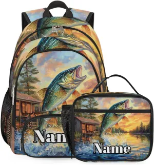Custom Rustic Cabin Backpack with Lunch Box, Customized Multiple Backpack Lunch Bag Set with Name Farmhouse Country Lodge Fish Lake Fishing Personalized Shoulder Bag Casual Daypack