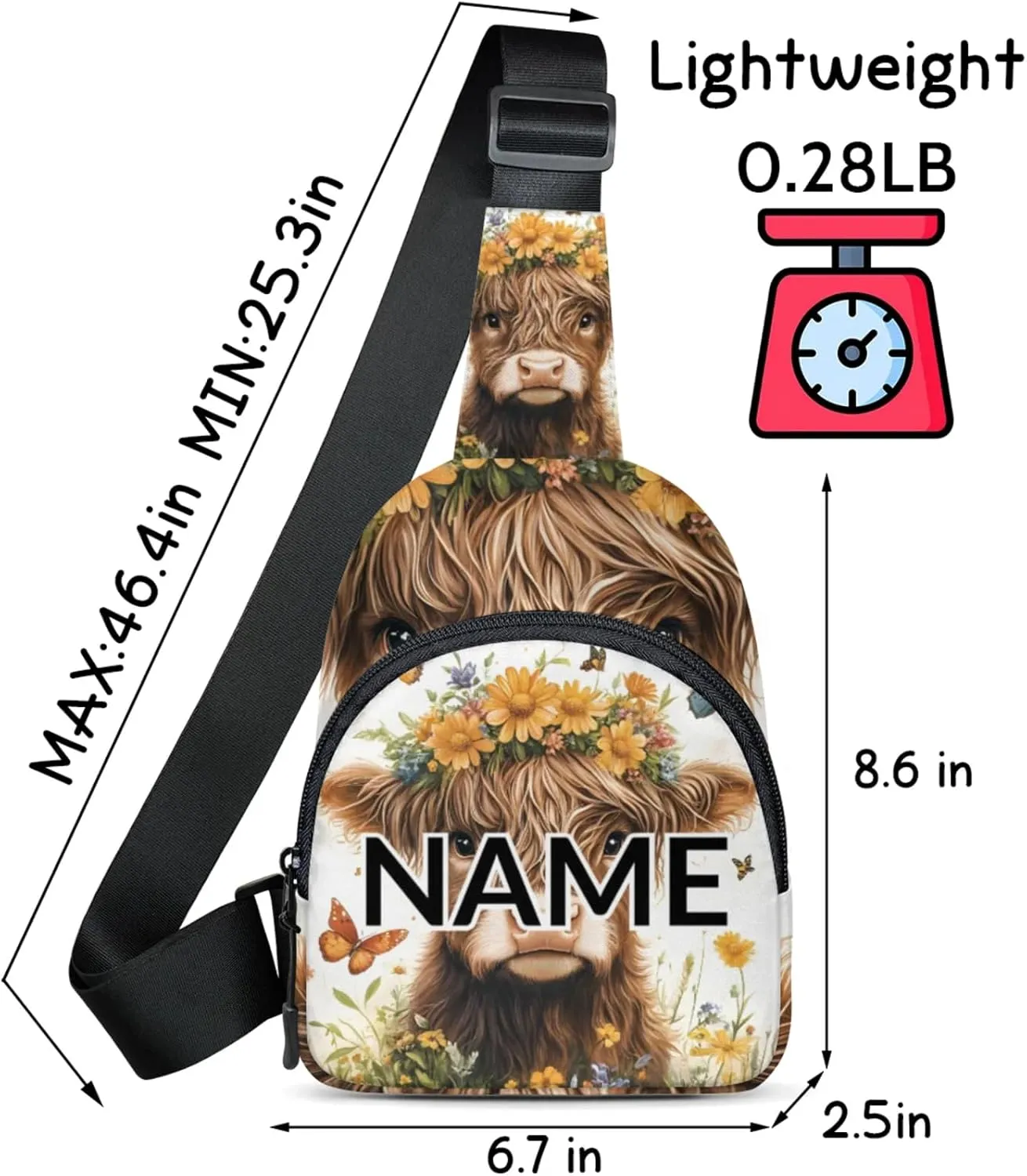 Custom Sling Bag Farm Highland Cow Cross Body Customize Chest Bag Floral Farmhouse Daypack for Outdoors Travel Hiking Sports