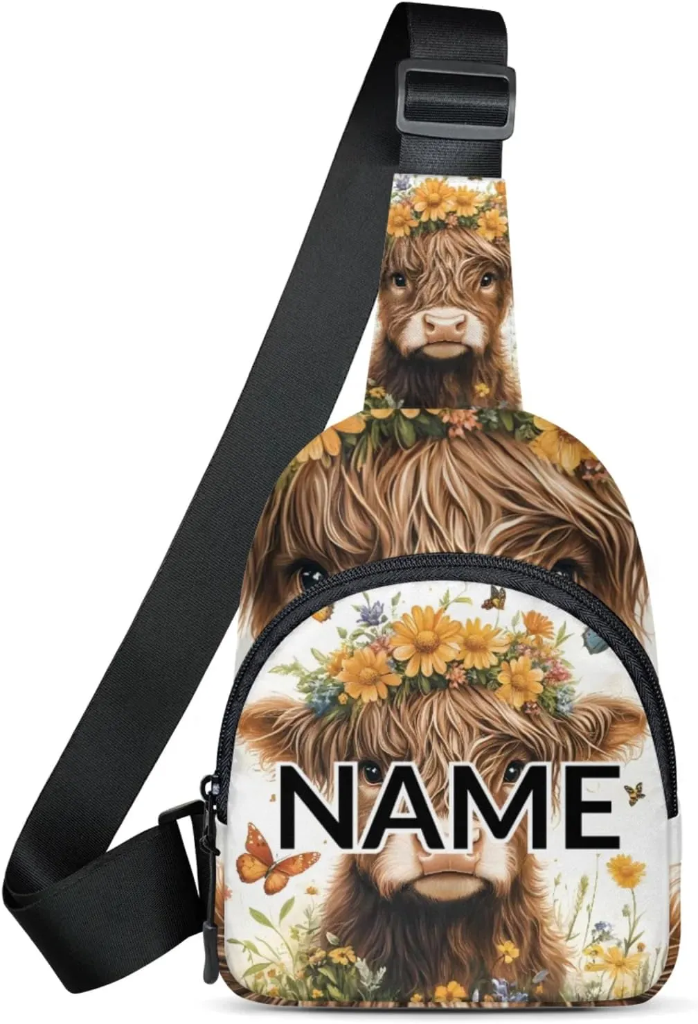 Custom Sling Bag Farm Highland Cow Cross Body Customize Chest Bag Floral Farmhouse Daypack for Outdoors Travel Hiking Sports