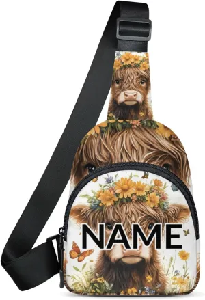 Custom Sling Bag Farm Highland Cow Cross Body Customize Chest Bag Floral Farmhouse Daypack for Outdoors Travel Hiking Sports