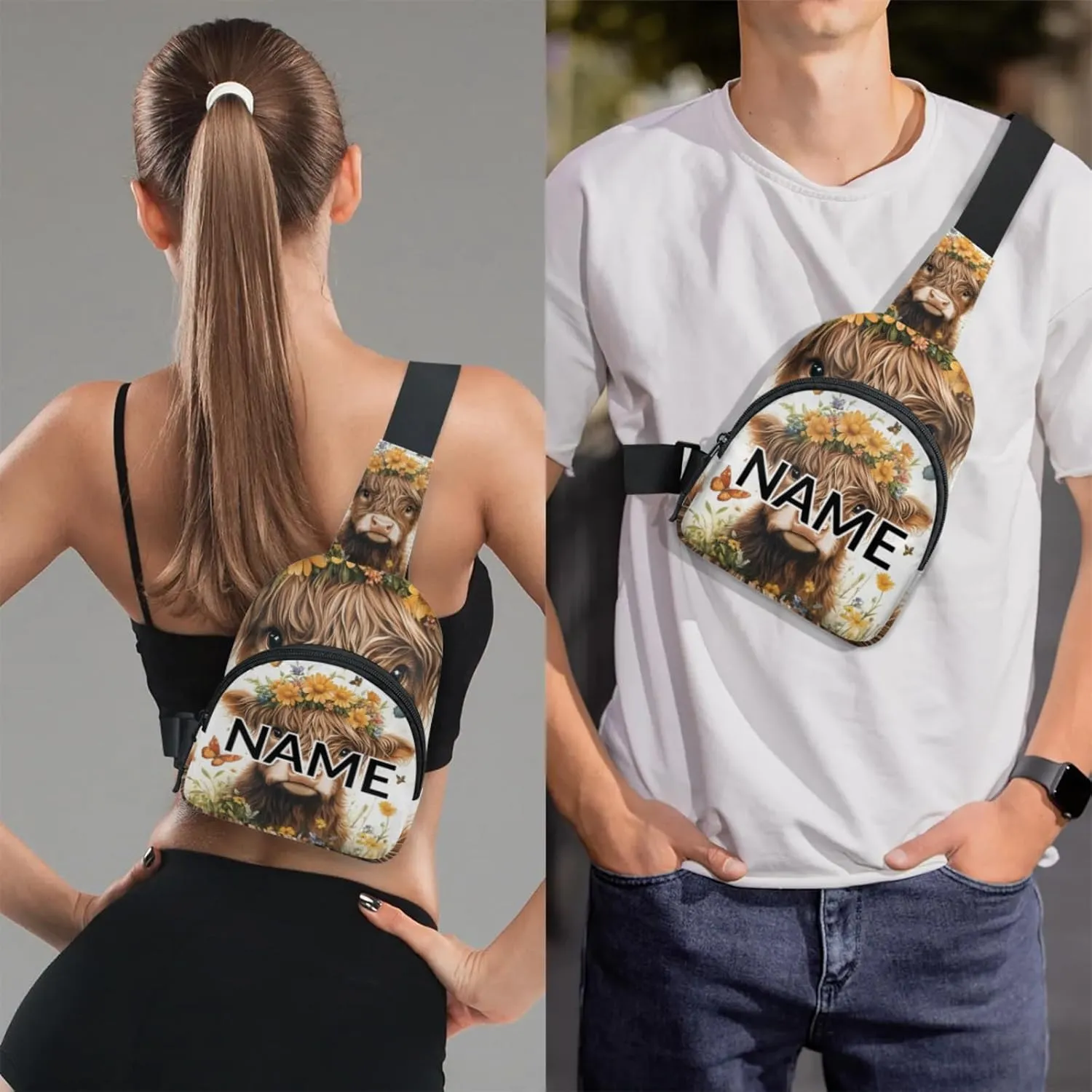 Custom Sling Bag Farm Highland Cow Cross Body Customize Chest Bag Floral Farmhouse Daypack for Outdoors Travel Hiking Sports
