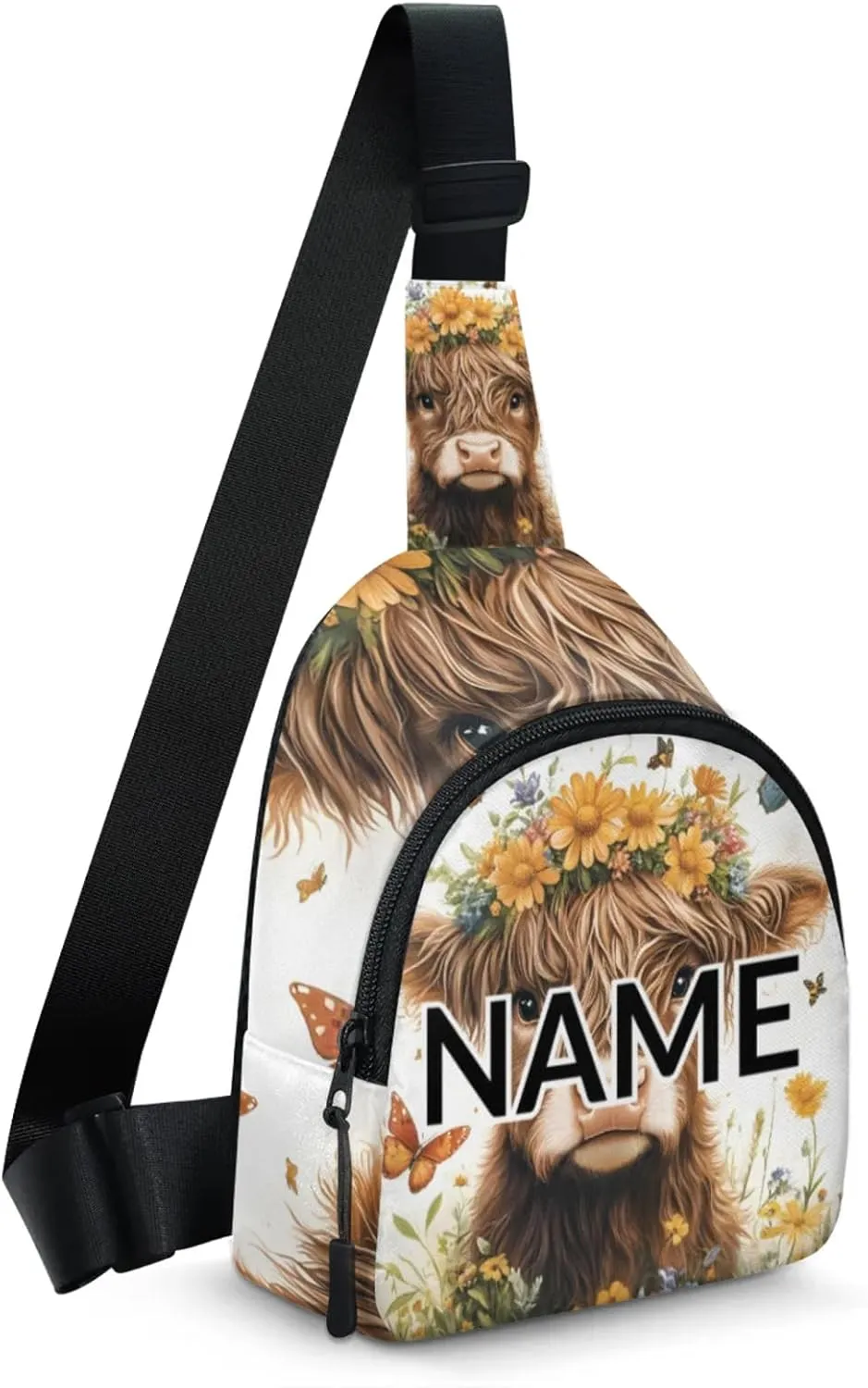 Custom Sling Bag Farm Highland Cow Cross Body Customize Chest Bag Floral Farmhouse Daypack for Outdoors Travel Hiking Sports