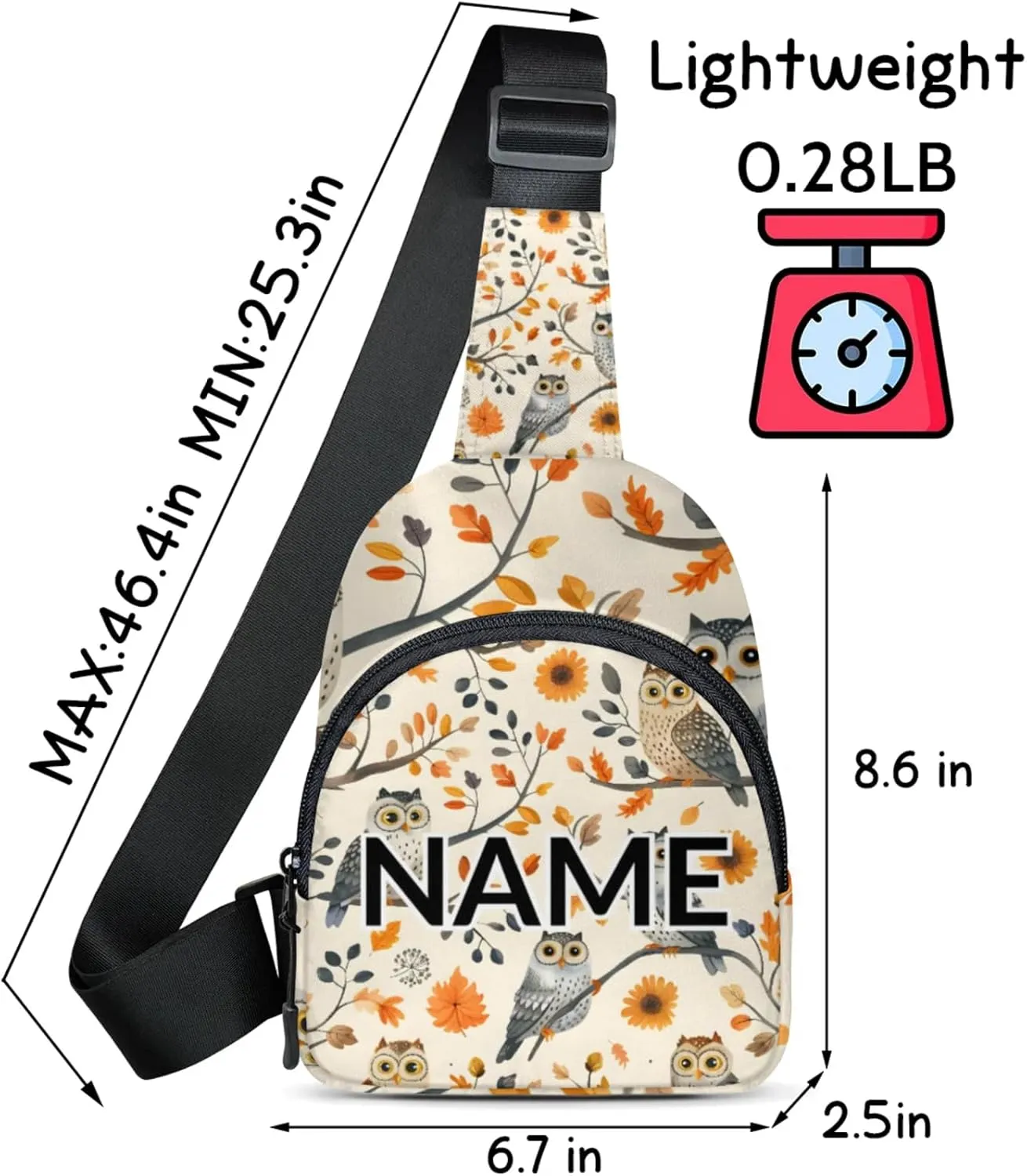 Custom Sling Bag Owl Cartoon Birds Cross Body Customize Chest Bag Farmhouse Animal Daypack for Outdoors Travel Hiking Sports