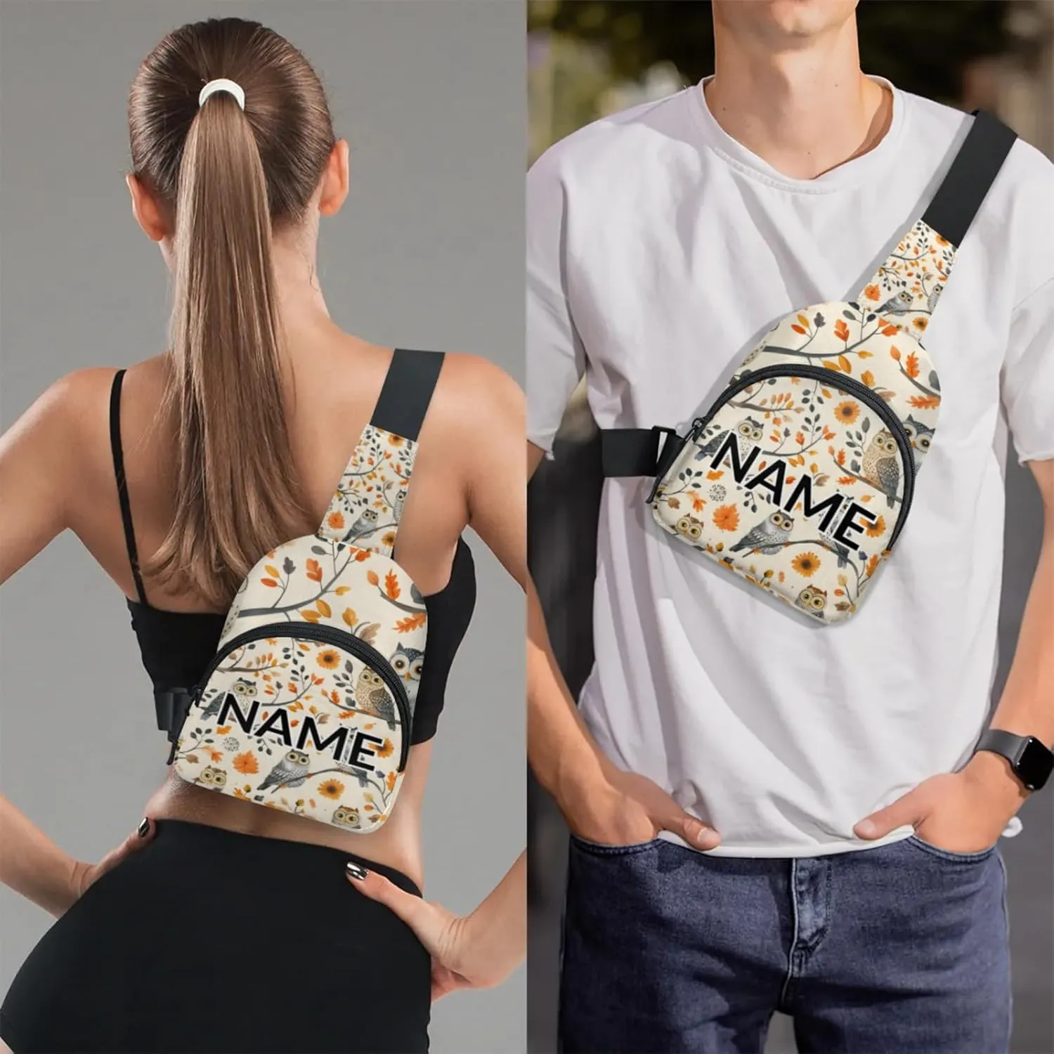 Custom Sling Bag Owl Cartoon Birds Cross Body Customize Chest Bag Farmhouse Animal Daypack for Outdoors Travel Hiking Sports