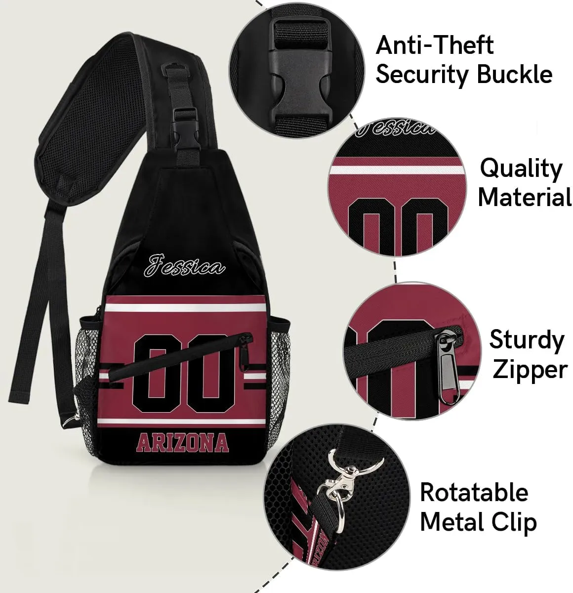 Custom Sling Bag, Personalized Rugby Sport Crossbody Bags for Men, Customize Name Sling Shoulder Backpack, Football Chest Bag Hiking Travel Daypack for Outdoor, Arizona