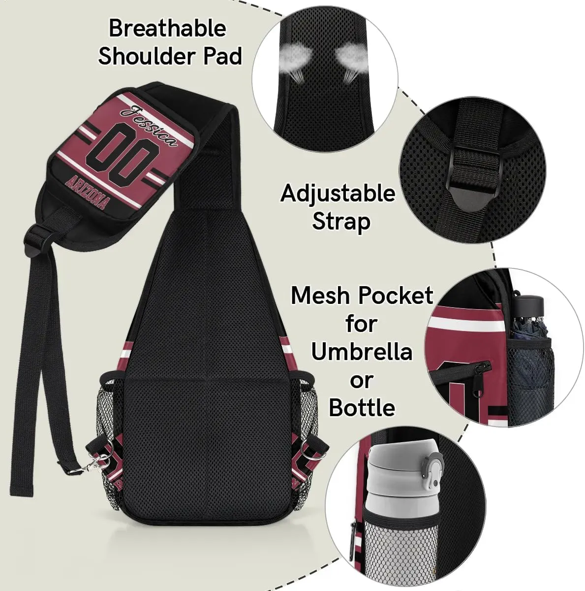 Custom Sling Bag, Personalized Rugby Sport Crossbody Bags for Men, Customize Name Sling Shoulder Backpack, Football Chest Bag Hiking Travel Daypack for Outdoor, Arizona