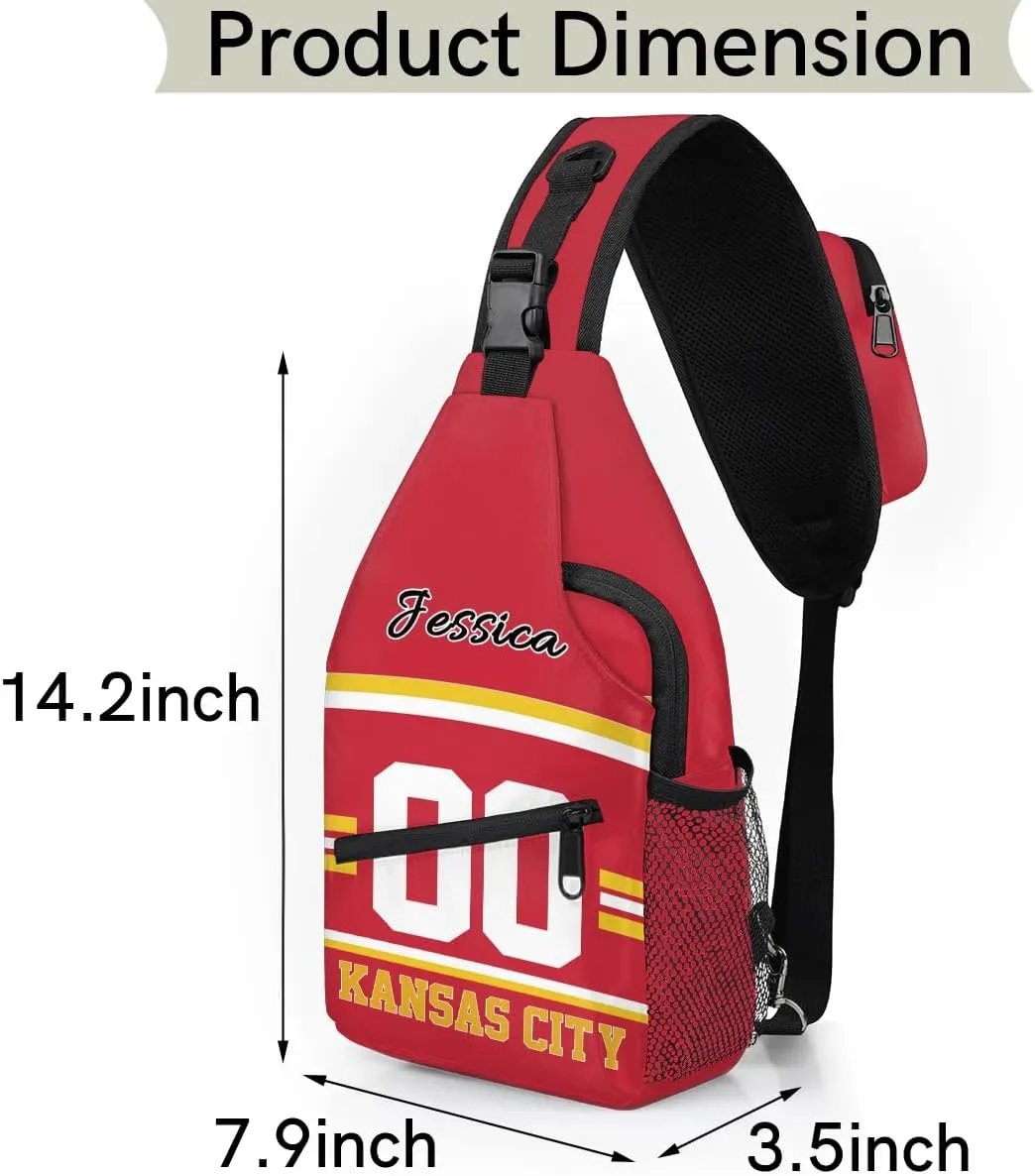 Custom Sling Bag, Personalized Rugby Sport Crossbody Bags for Men, Customize Name Sling Shoulder Backpack, Football Chest Bag Hiking Travel Daypack for Outdoor, Kansas City