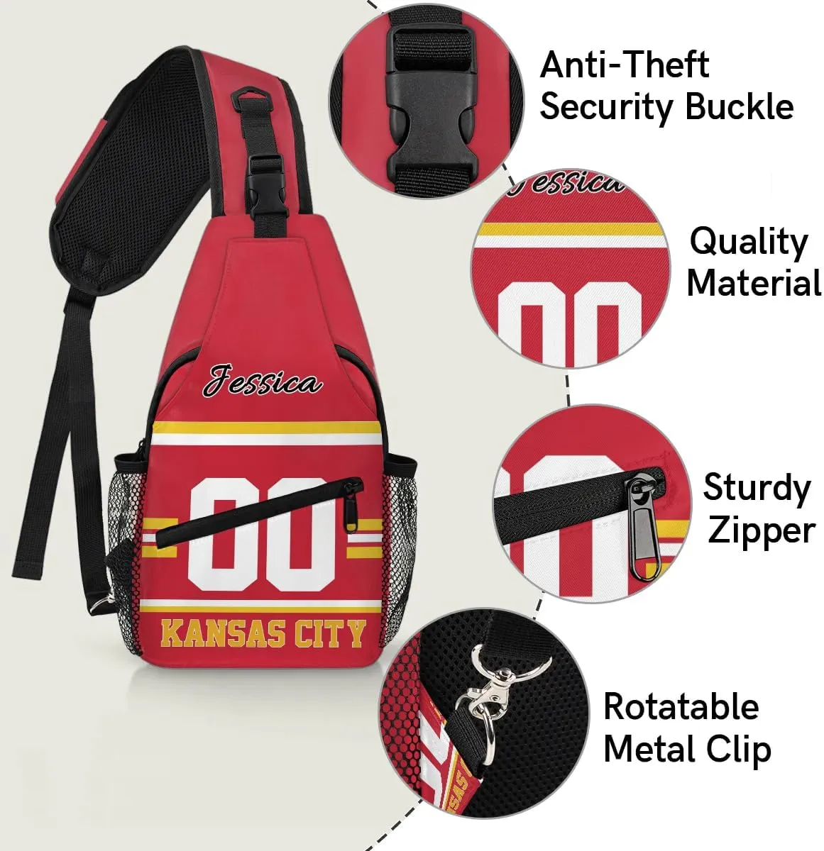 Custom Sling Bag, Personalized Rugby Sport Crossbody Bags for Men, Customize Name Sling Shoulder Backpack, Football Chest Bag Hiking Travel Daypack for Outdoor, Kansas City