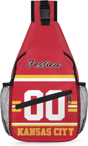 Custom Sling Bag, Personalized Rugby Sport Crossbody Bags for Men, Customize Name Sling Shoulder Backpack, Football Chest Bag Hiking Travel Daypack for Outdoor, Kansas City