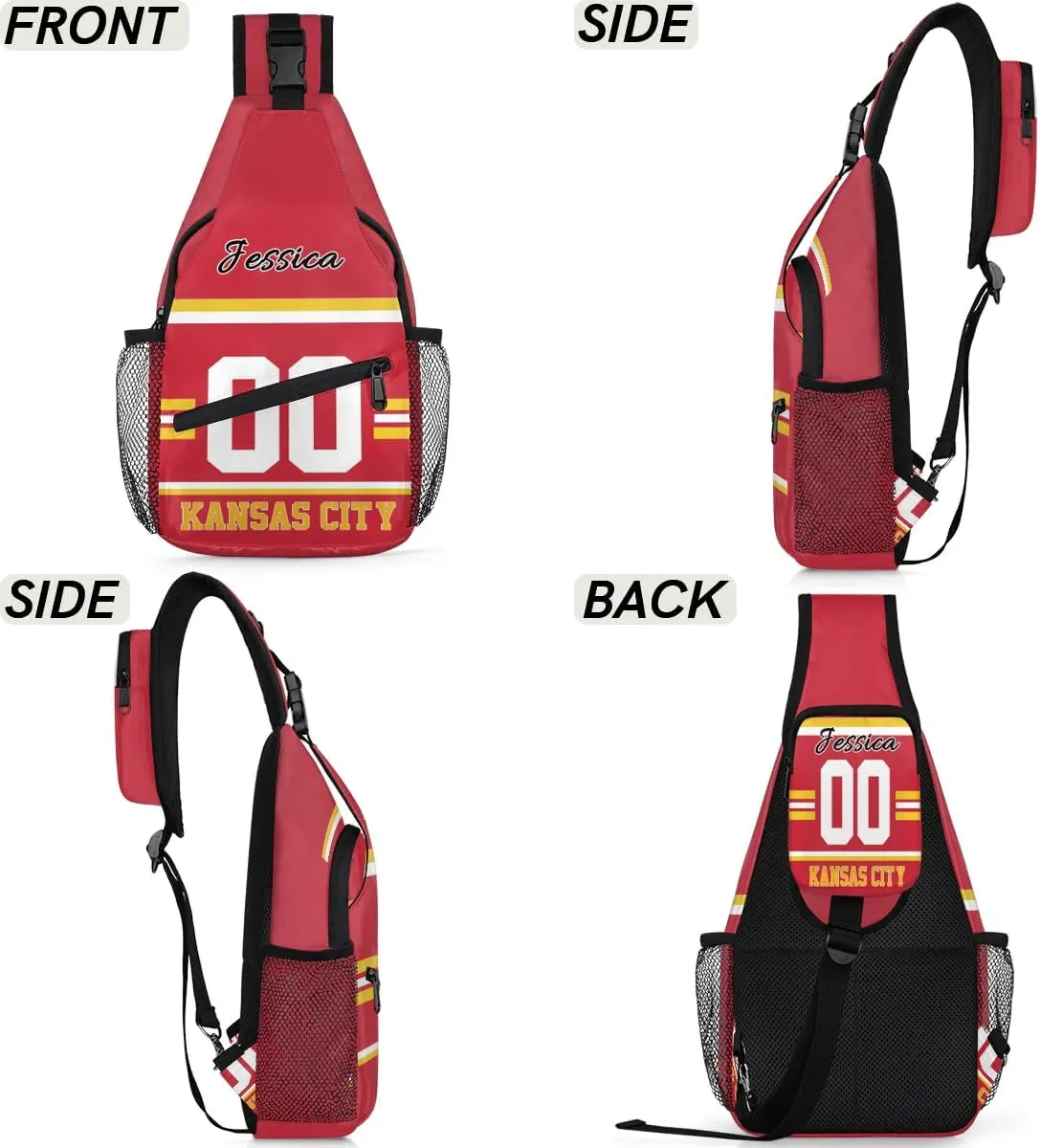 Custom Sling Bag, Personalized Rugby Sport Crossbody Bags for Men, Customize Name Sling Shoulder Backpack, Football Chest Bag Hiking Travel Daypack for Outdoor, Kansas City