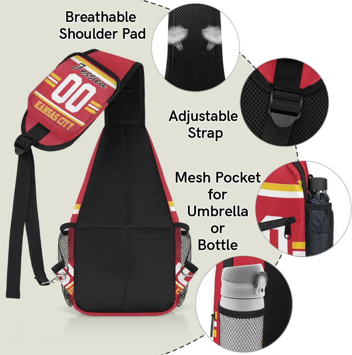 Custom Sling Bag, Personalized Rugby Sport Crossbody Bags for Men, Customize Name Sling Shoulder Backpack, Football Chest Bag Hiking Travel Daypack for Outdoor, Kansas City